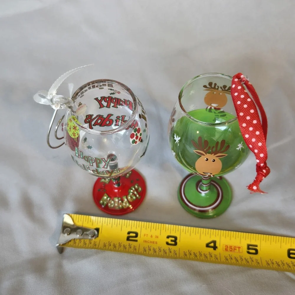 Lolita Happy Holidays Mini Wine Glass Ornament Set Reindeer Christmas Lot of 2